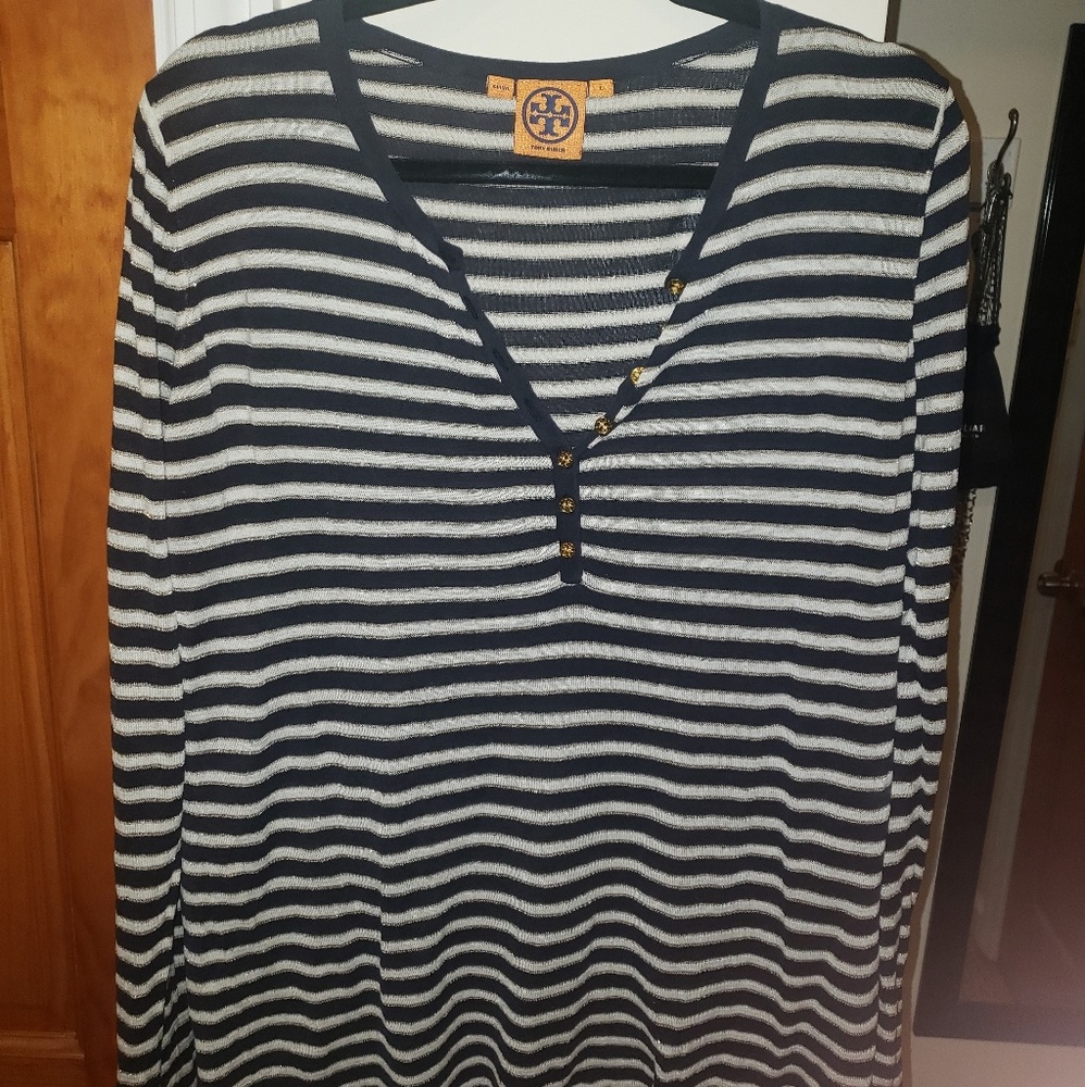 Tory Burch light navy and white sweater